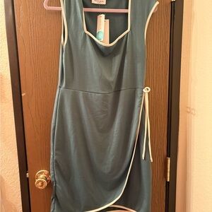 Gilli Teal Sleeveless Cowl Neck Wrap Dress with White Trim
